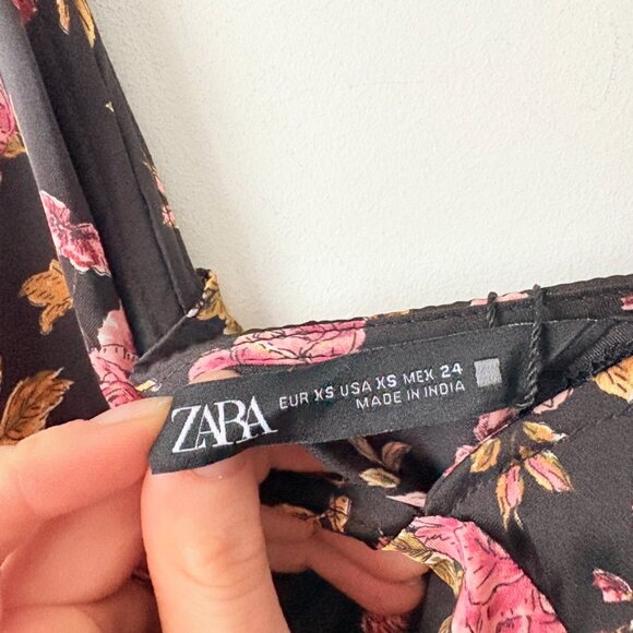Zara Satin Rose Floral Slip Midi Dress Black Pink Size XS - Picture 11 of 12